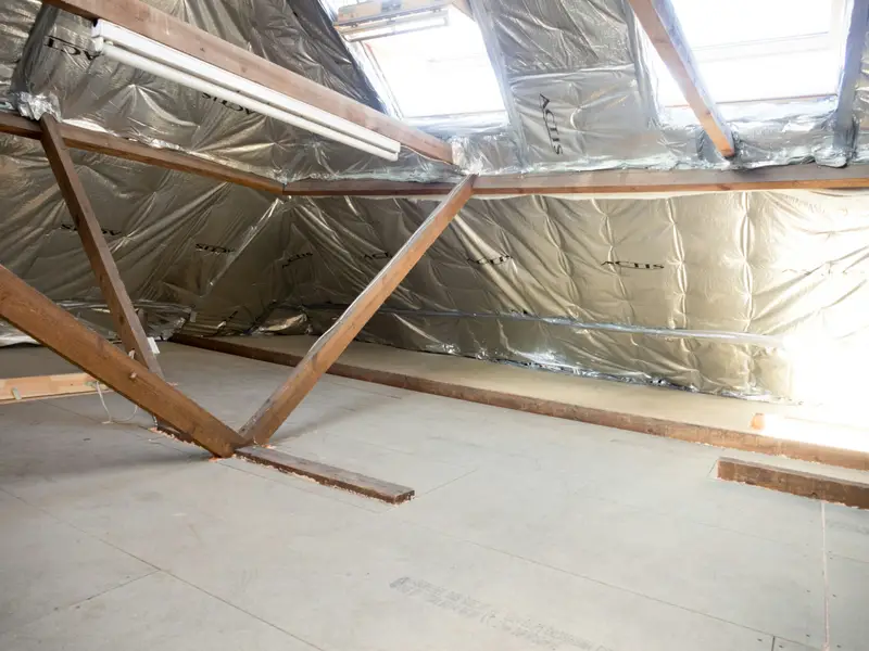 Gedämmtes Dachgeschoss mit Dachfenstern und Holzbalken