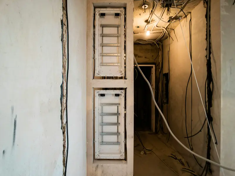Altbau-Flur während der Sanierung mit frisch gestemmten Leitungsschlitzen