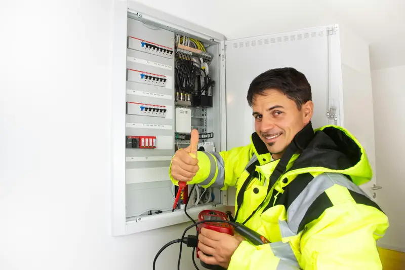 Elektromeister in Warnjacke vor einem geöffneten Zählerschrank