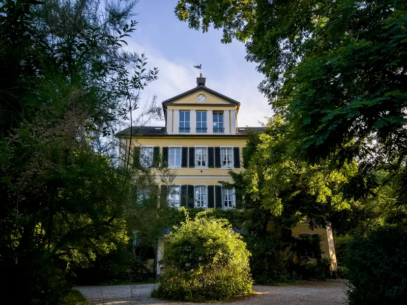 Gelbes Wohnhaus mit grünen Fensterläden hinter altem Garten