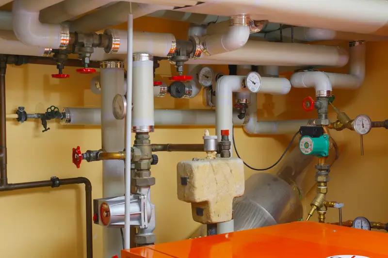 Heizungsraum mit Pumpengruppe, Ventilen und Ausdehnungsgefäß