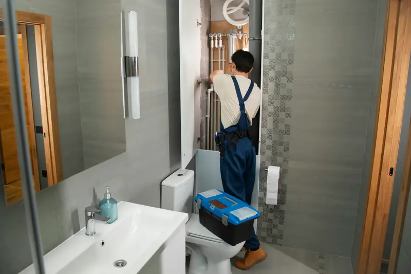Installateur arbeitet an der Steigleitung in einem Badezimmer