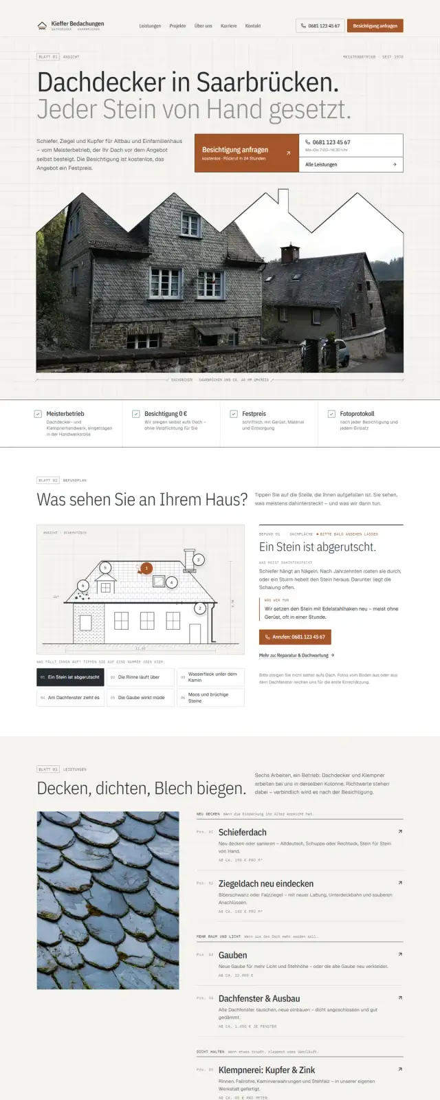 Startseite der Beispiel-Website Kieffer Bedachungen