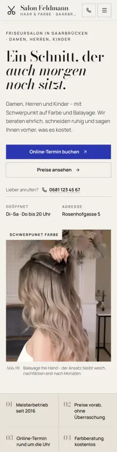 Startseite von Salon Feldmann in der Handy-Ansicht