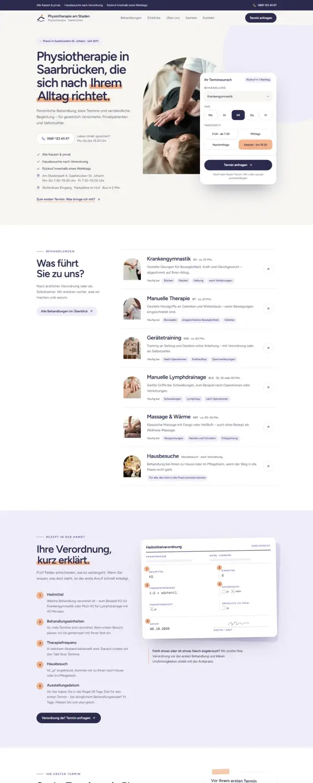 Startseite der Beispiel-Website Physiotherapie am Staden in der Desktop-Ansicht