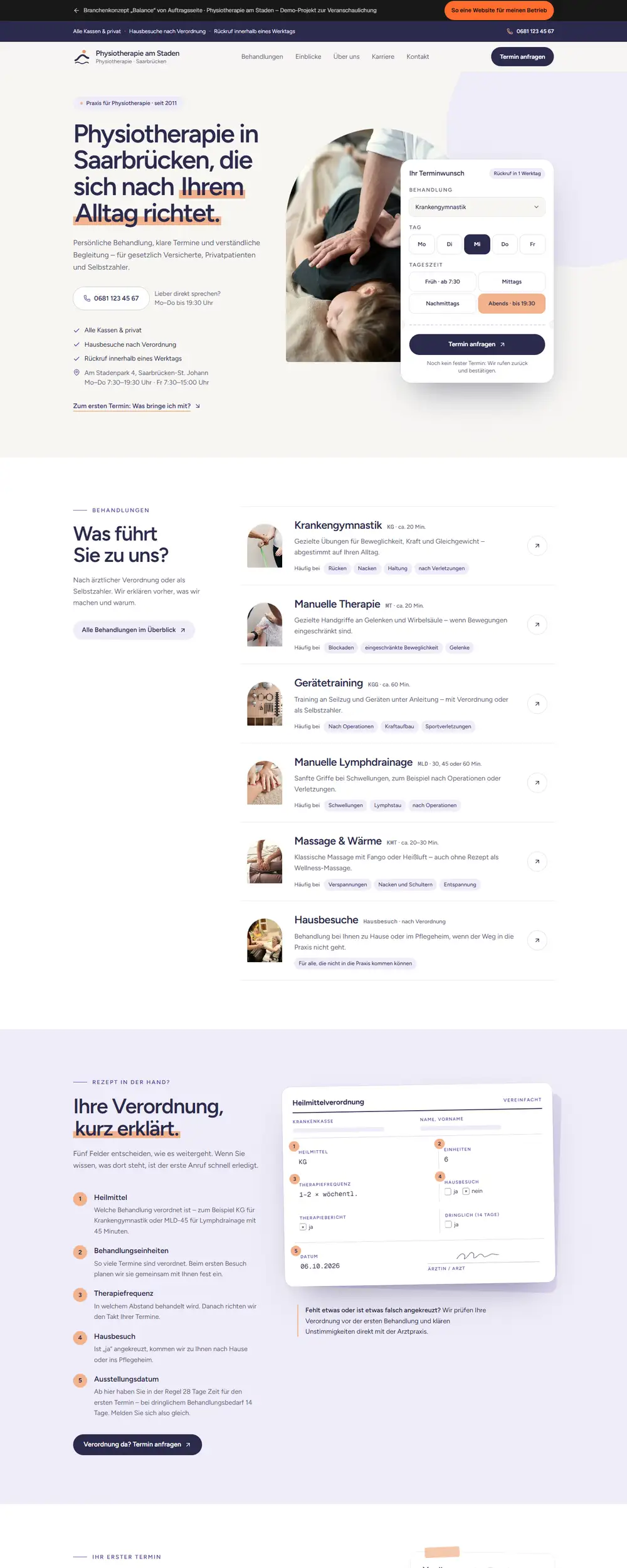Startseite der Beispiel-Website Physiotherapie am Staden