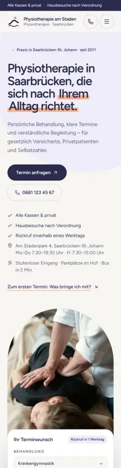 Startseite von Physiotherapie am Staden in der Handy-Ansicht