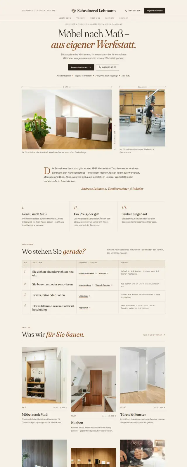 Startseite der Beispiel-Website Schreinerei Lehmann